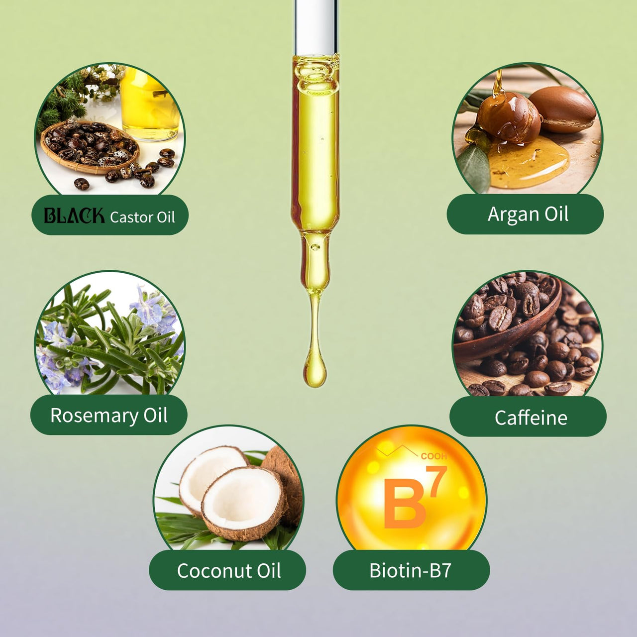 HOYGI Hair Growth Oil, 6-in-1 Serum with Cold Pressed Castor, Coconut, Rosemary, Argan Oils, Biotin, Caffeine for Hair, Eyelashes, Eyebrows and Beard, 2 Fl Oz/pcs