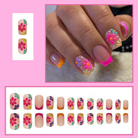 Thumbnail for French Tip Press on Nails Short Square Fake Nails Nude Pink False with Flower Designs Acrylic Artificial Nails Full Cover Glue on Nails Stick on Nails for Women Girls