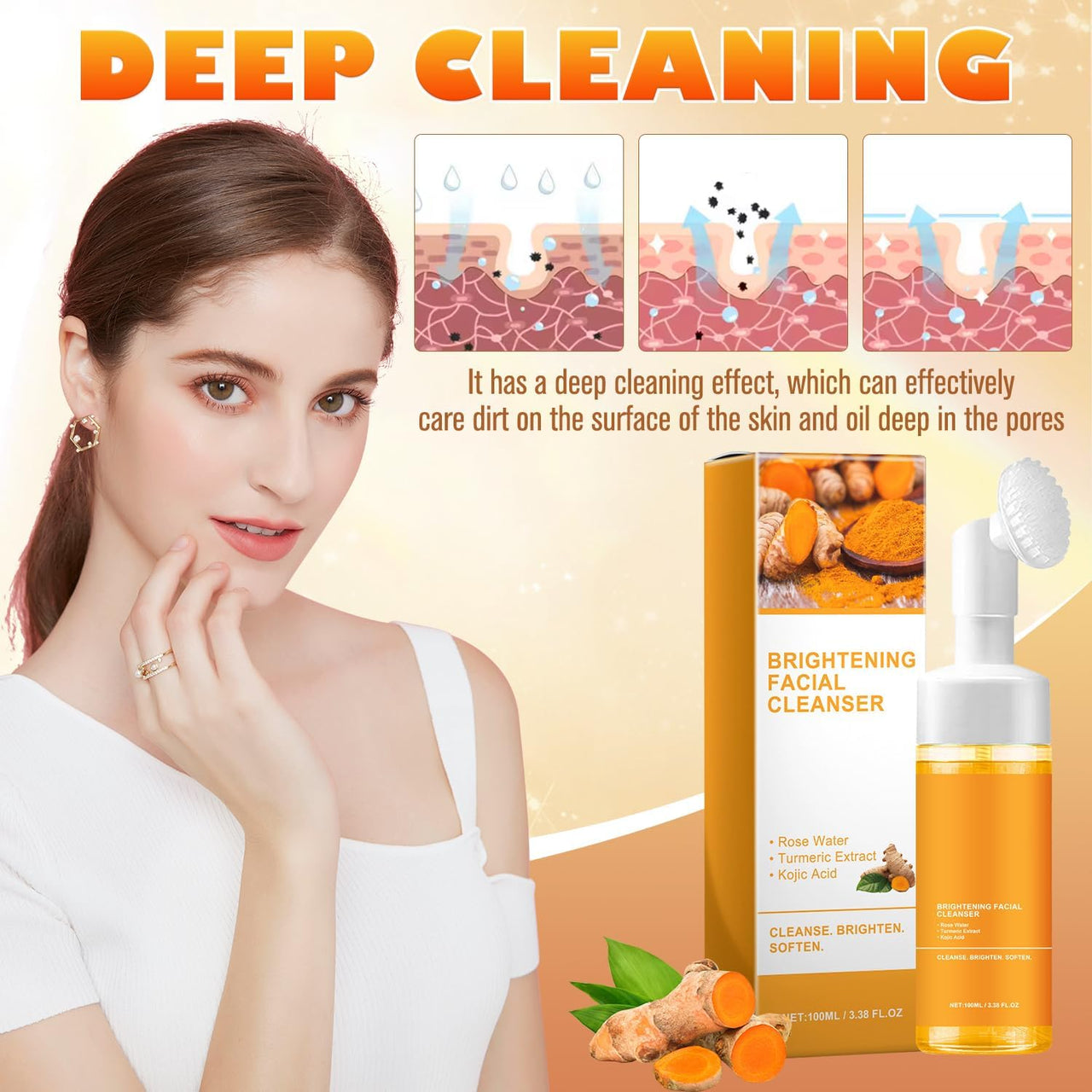 MAROJEIF Turmeric Facial Cleanser, Turmeric Face Wash, Tur-meric Foaming FacialCleanser, Turme-ric Facial Wash, Turmerics Foaming Cleanser for All Skin Deep Cleaning (2pcs)