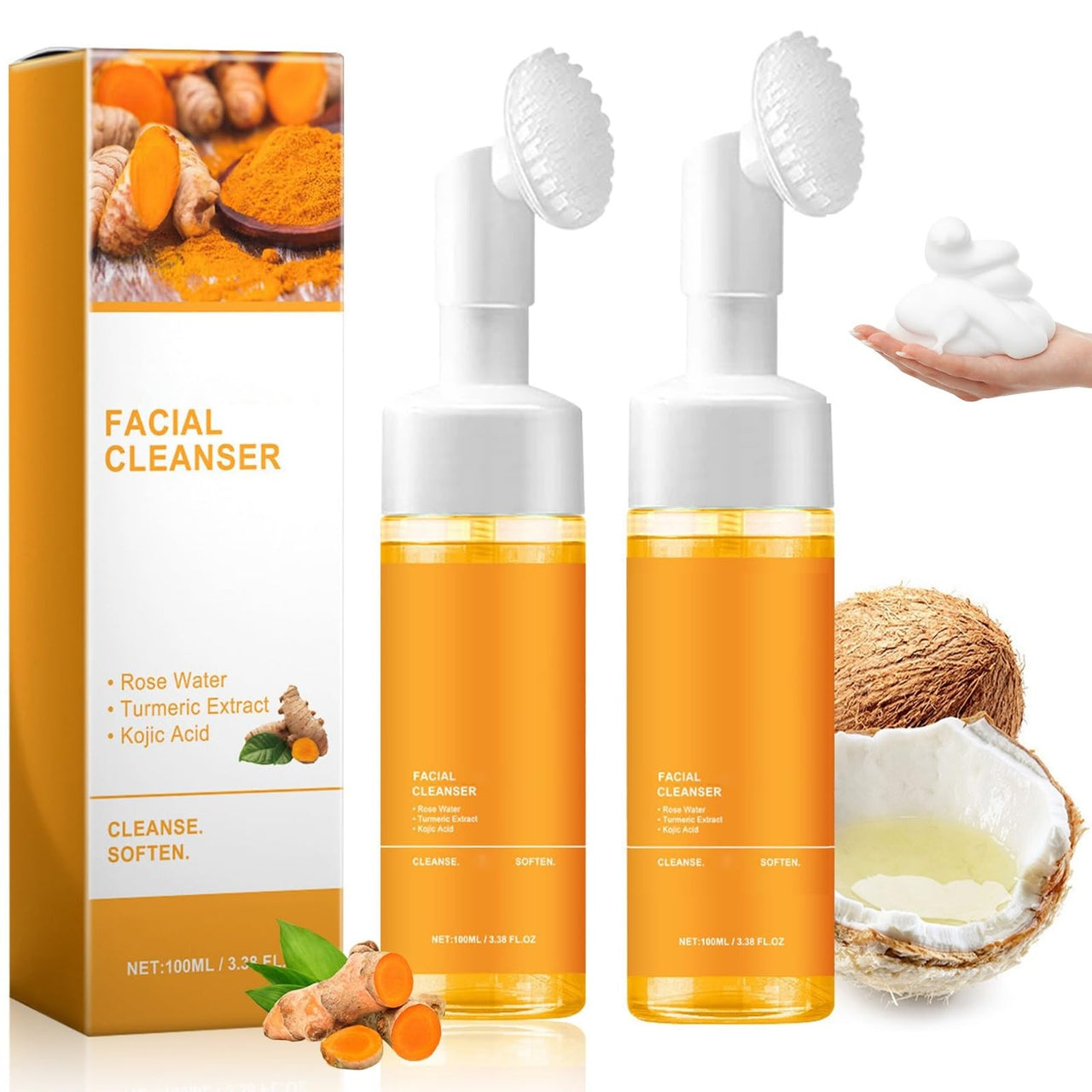 JISKG 2 Pcs Turmeric Facial Cleanser, Glow Wash Turmeric Face Wash With Brush, Deep Cleansing Exfoliating for Women All Skin.