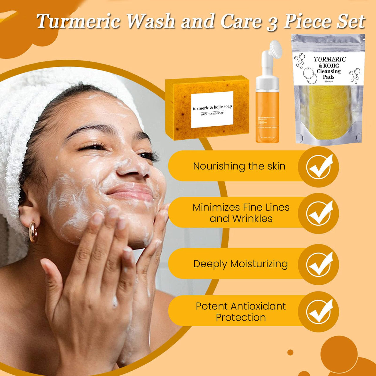 Turmeric Wash and Care Three Piece Set, Turmeric Trio: Facial Wash, Cleansing Mousse & Soap for Skin Care, Turmeric Cleansing Exfoliating Pads, Turmeric Face Wash for Face & Body
