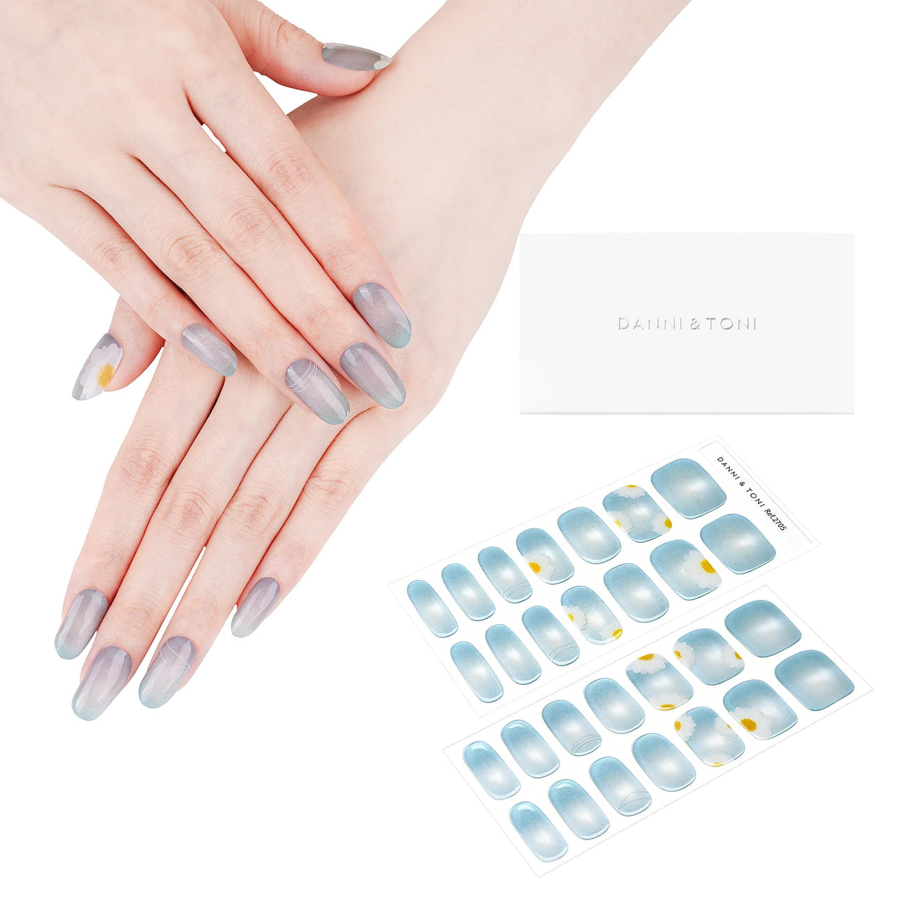 DANNI & TONI Semi Cured Gel Nail Strips Ocean Blue (Verdant Whisper) Magnetic Silver Cat Eye Gel Nail Nail Wraps Flowers 28 Nail Nail Wraps
