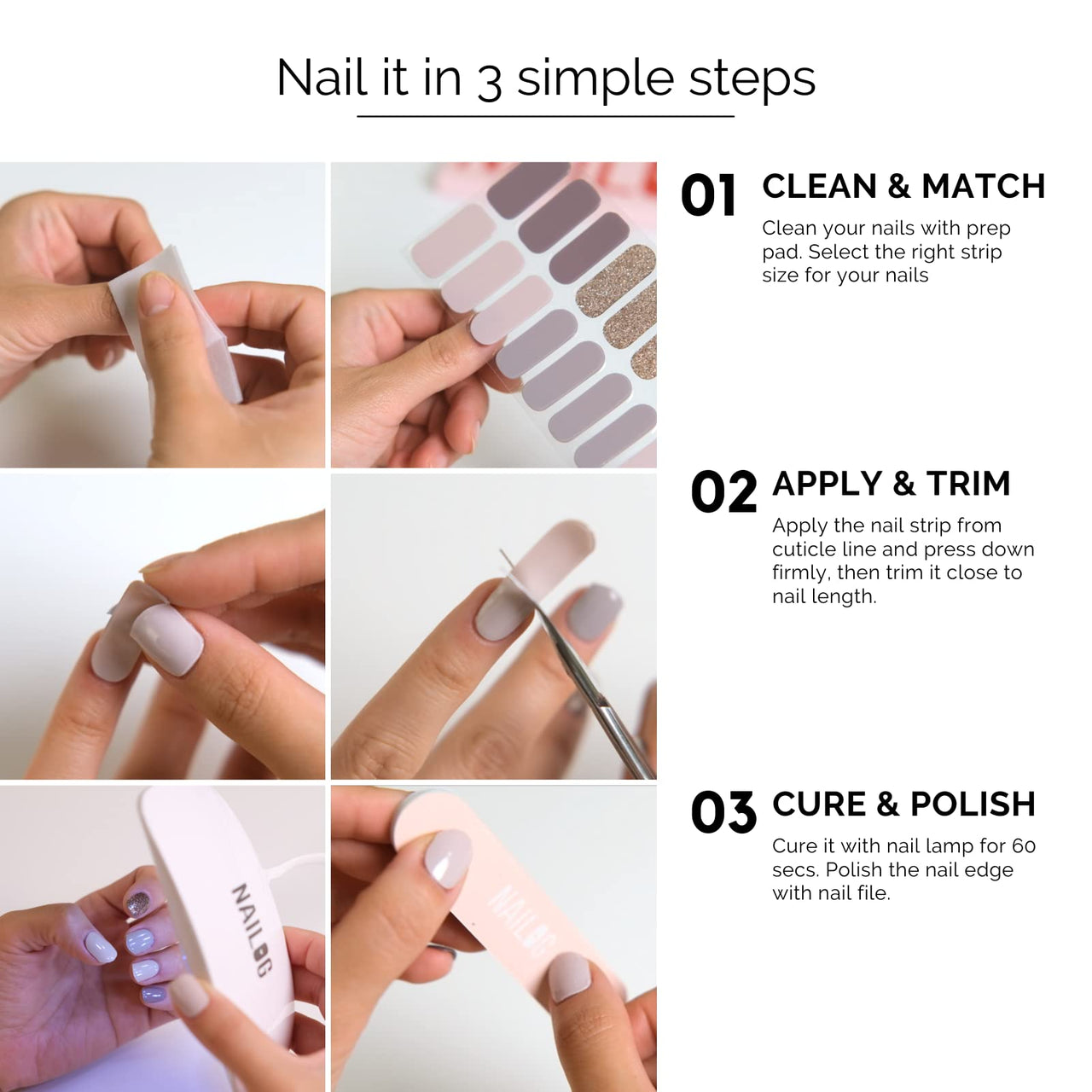Nailog Semi Cured Gel Nail Strips 34 pcs | Long Lasting Nail Polish Sticker Nail Wraps with Glossy Gel Finish | New Dawn