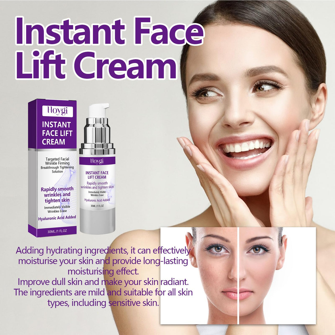 kunier Instant Face Lift Cream - Anti-Wrinkle & Firming Moisturizer with Hyaluronic Acid, Vitamin E & Collagen - Tightens Skin, Reduces Fine Lines - 1 Fl Oz