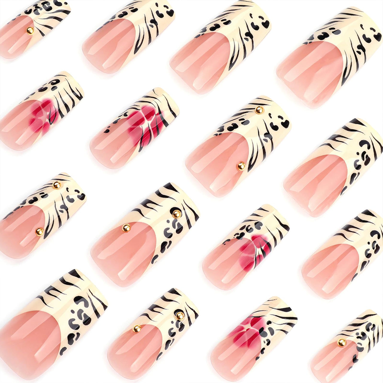 Jremg Leopard Print French Tip Press on Nails Long Square Fake Nails with 3D Gold Pearl Designs Glossy Red Flower Full Cover Glue On Nails Reusable Coffin Autumn Winter False Nails for Women 24Pcs | Premium Nail Wraps