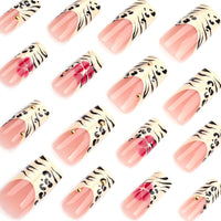 Thumbnail for Jremg Leopard Print French Tip Press on Nails Long Square Fake Nails with 3D Gold Pearl Designs Glossy Red Flower Full Cover Glue On Nails Reusable Coffin Autumn Winter False Nails for Women 24Pcs | Premium Nail Wraps