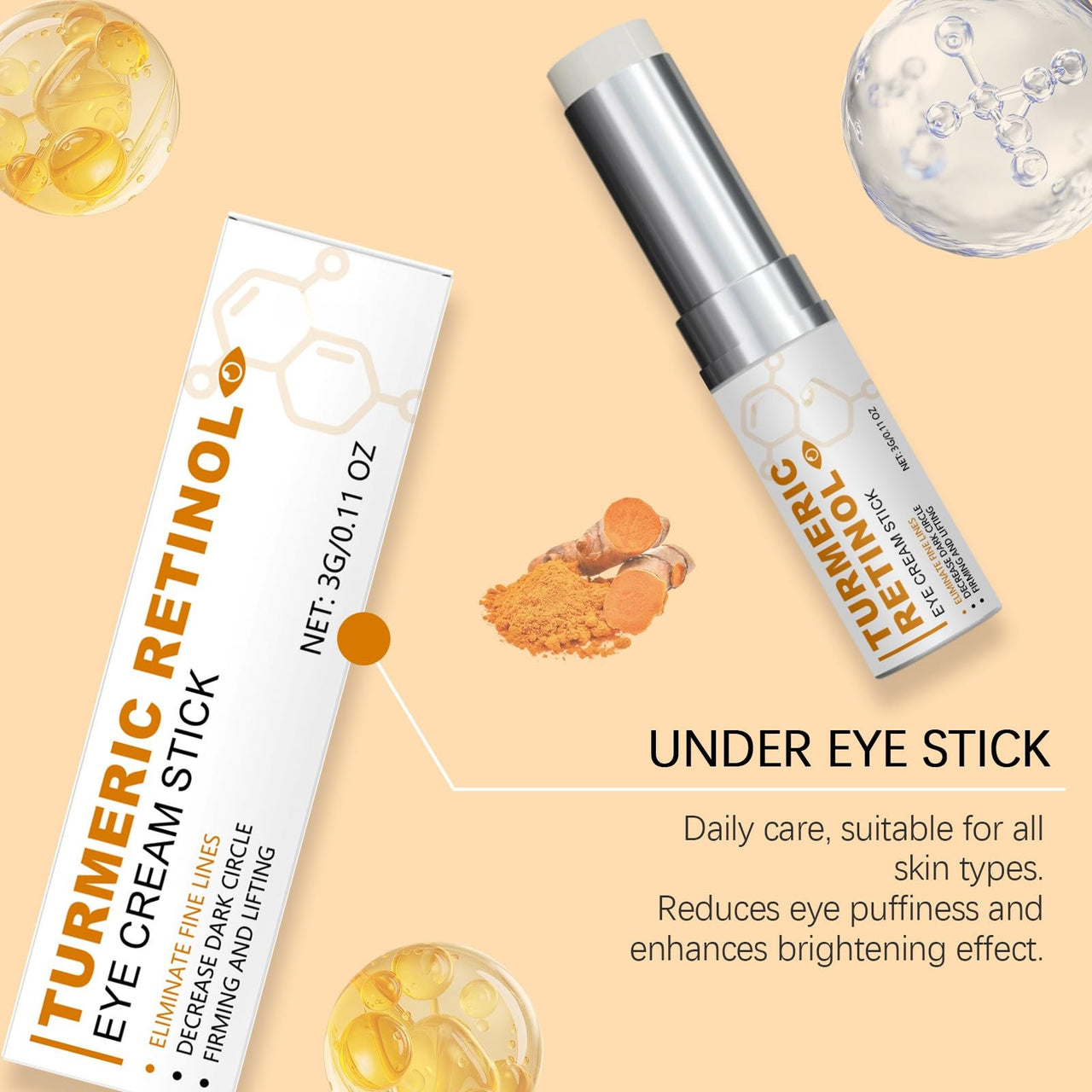 BAYUELSWU Turmeric Retinol Eye Stick, Eye Bags Stick, Anti Aging Eye Balm Stick, Moisturizes Hydrating Under Eye Brightener Stick, Reduces Puffiness
