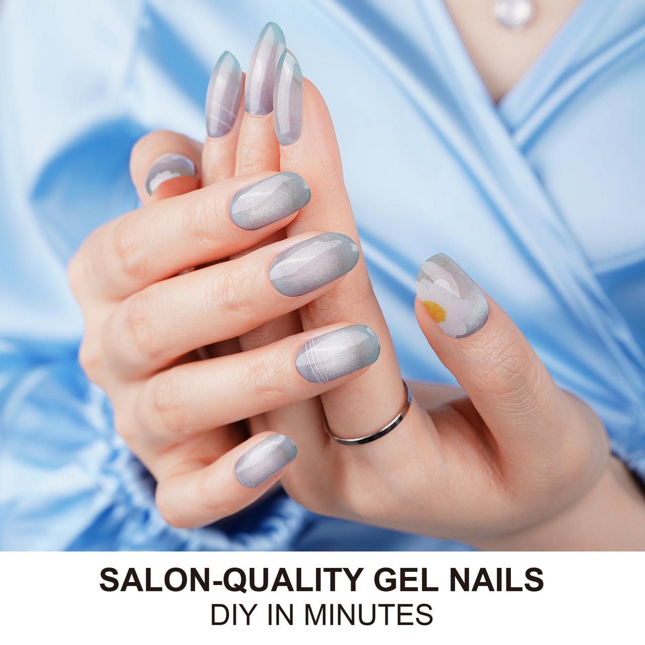 DANNI & TONI Semi Cured Gel Nail Strips Ocean Blue (Verdant Whisper) Magnetic Silver Cat Eye Gel Nail Nail Wraps Flowers 28 Nail Nail Wraps