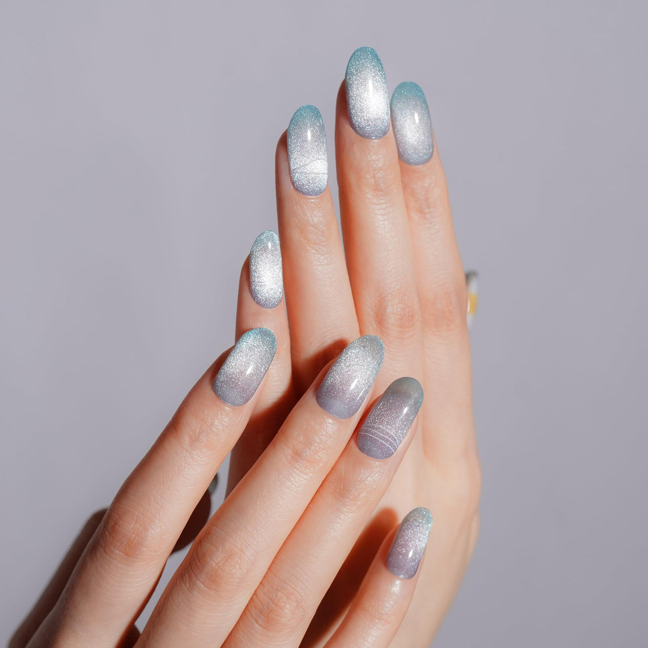DANNI & TONI Semi Cured Gel Nail Strips Ocean Blue (Verdant Whisper) Magnetic Silver Cat Eye Gel Nail Nail Wraps Flowers 28 Nail Nail Wraps