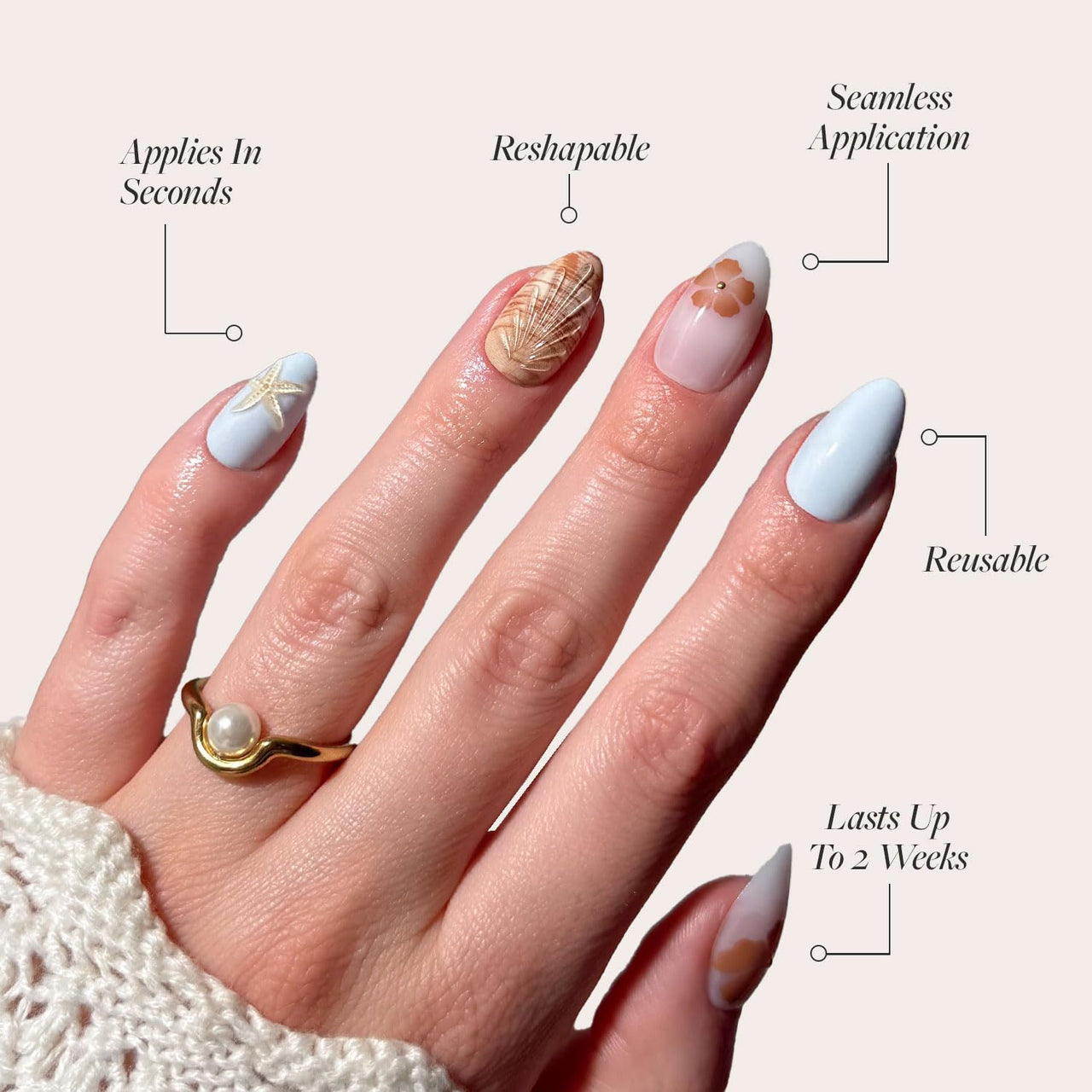 Glamnetic Press On Nails - Sea Star | Short Almond Seashell Nails with 3D Nail Art, Reusable Summer Nails | 15 Sizes - 30 Nail Kit with Glue