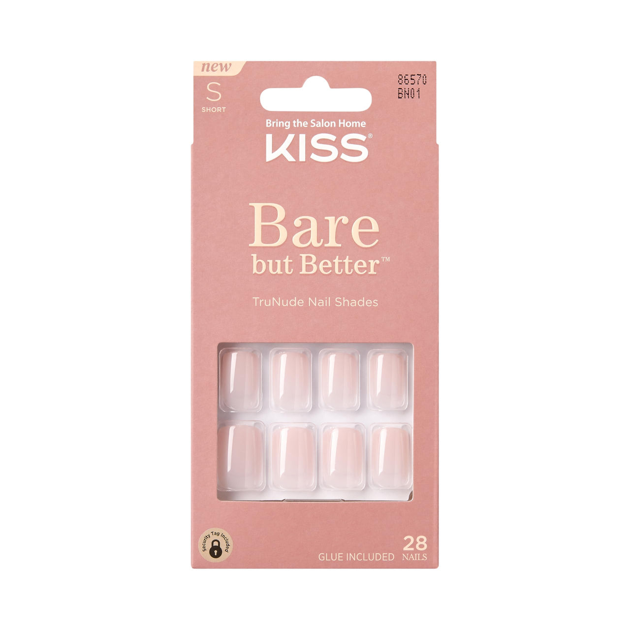 KISS Bare but Better Press On Nails, Glossy Pink, Short Length, Square Shape, 28 Fake Nails, Pink Gel Nail Glue Net Wt. 2g (0.07 Oz.), Mini Nail File, & Manicure Stick | Premium Nail Wraps - Premium Nail Wraps, Salon-Quality, Easy Application
