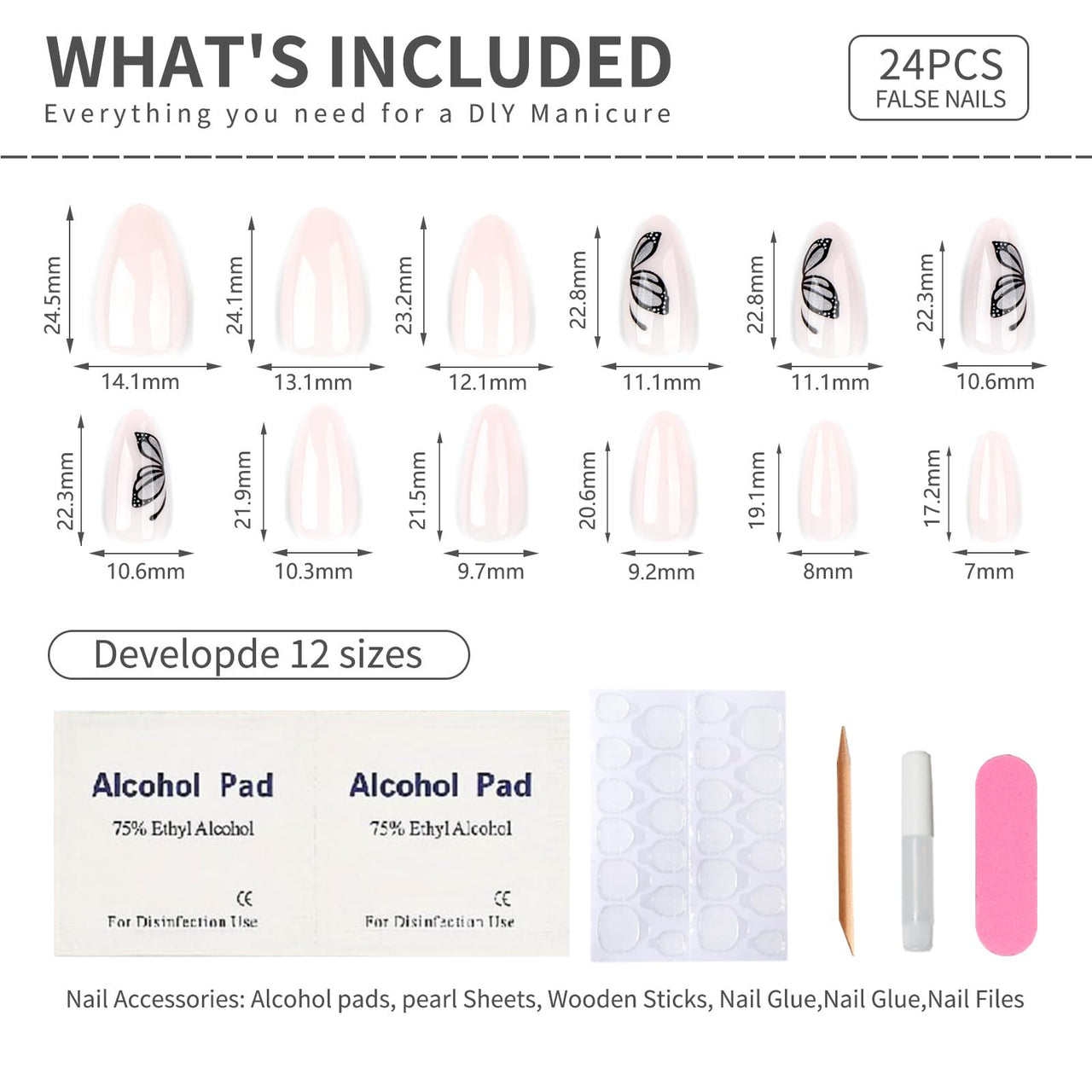 Mivota Butterfly Press On Nails Almond Shape, Nude Fake Nails with Butterfly Cat Eye Gray Ombre Design, Glossy Gel Finish Acrylic Nails Kit for Women, Natural Reusable Glue-On Nails Set, 24 Pcs | Premium Nail Wraps