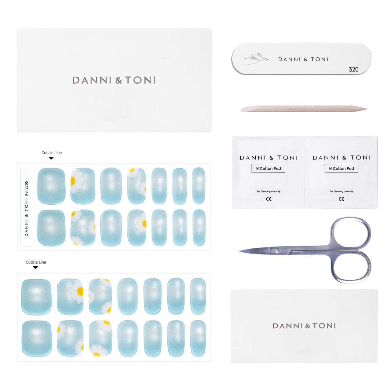 DANNI & TONI Semi Cured Gel Nail Strips Ocean Blue (Verdant Whisper) Magnetic Silver Cat Eye Gel Nail Nail Wraps Flowers 28 Nail Nail Wraps