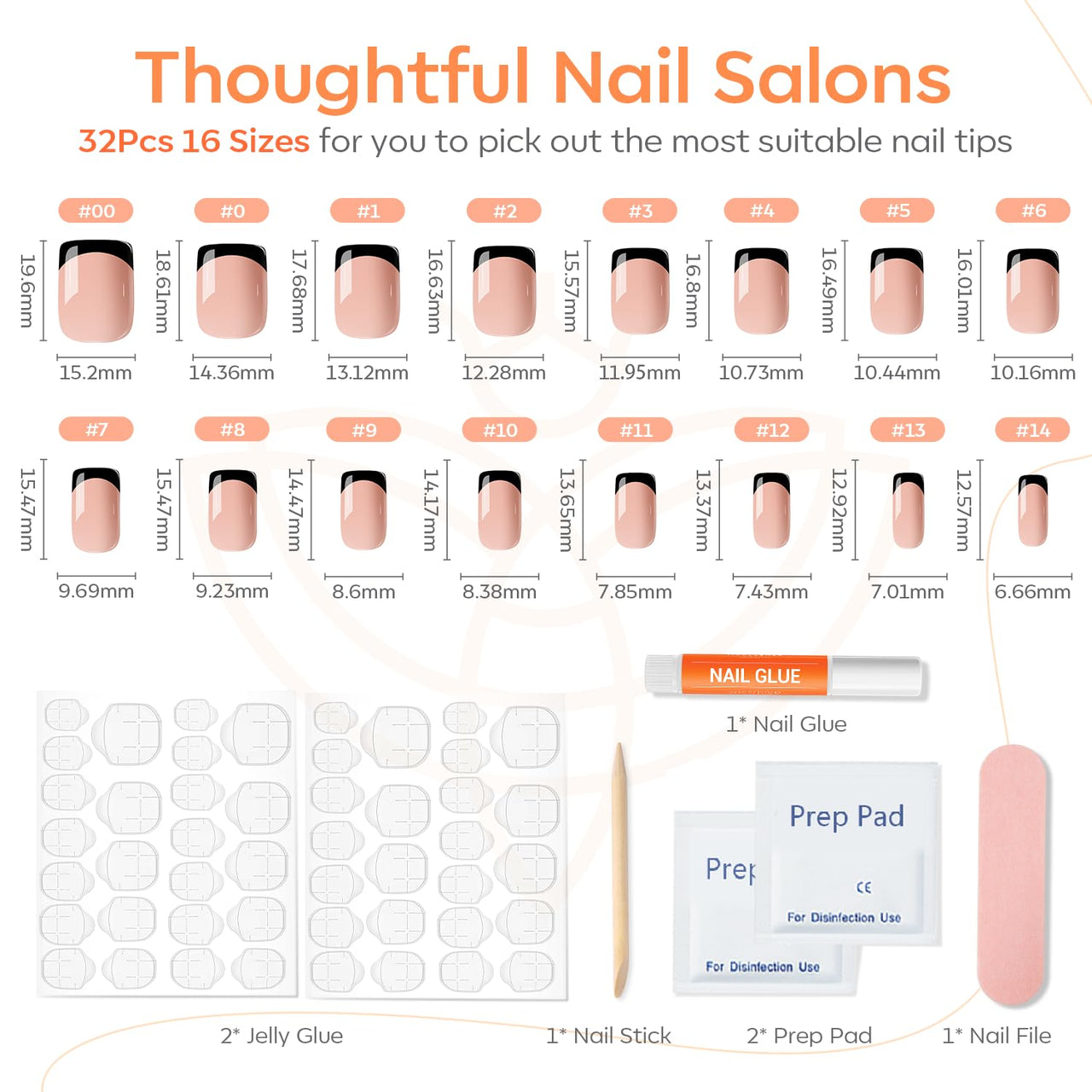 Modelones Black French Tip Press on Nails Short, Square Fake Nails, Reusable Nail Kit with Nail Glue Adhesive Tabs Mini Nail File, Nails Press Ons 32Pcs 16Sizes, Women Girl Gift | Premium Nail Wraps