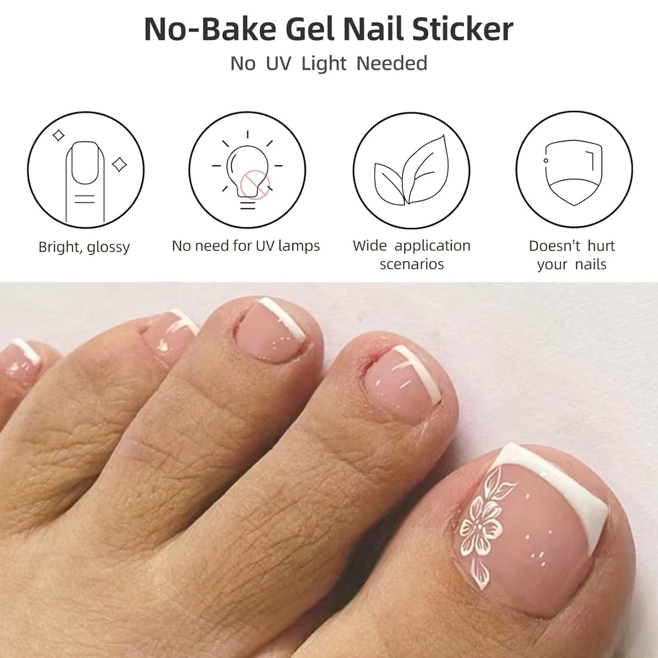 VOTACOS Nail Polish Strips for Toes, No UV Needed, Toe Nails Stickers White Flower French Toenail Gel Nail Strips Pedicure Full Nails Wraps for Women with 1 Wooden Stick, 1 Nail File & 2 Prep Pad