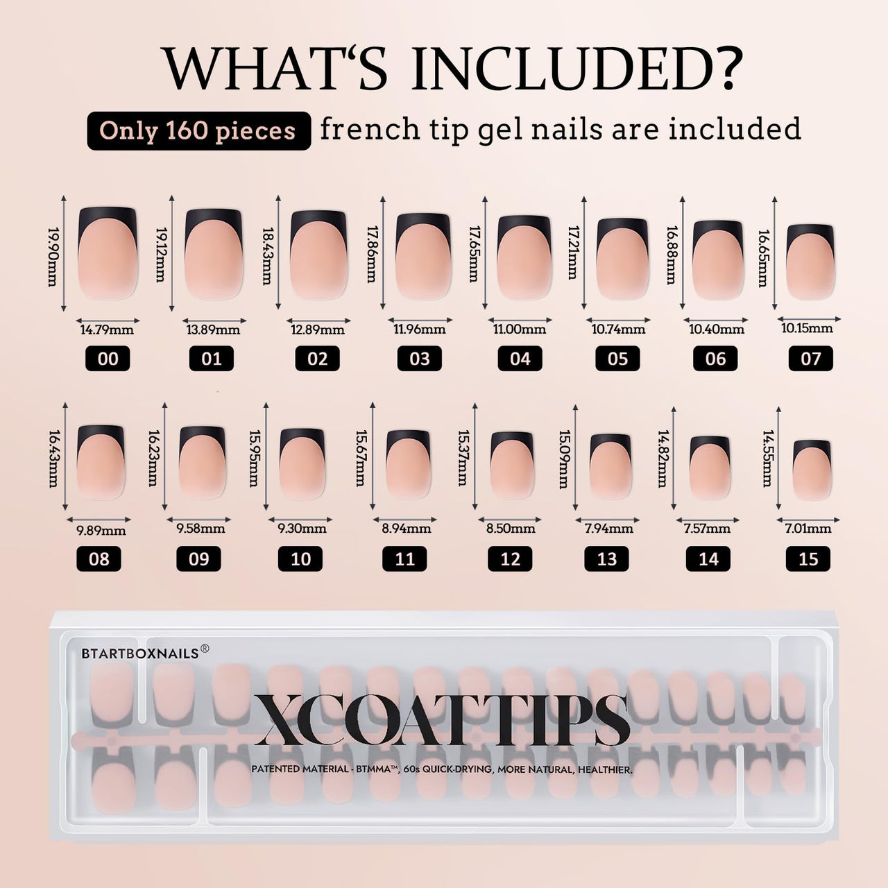 BTArtboxnails Black Press on Nails - French Tip Press on Nails Short, Square Gel Nail Tips, Supremely Fit Natural Fake Nails in 16 Sizes - 160 Pcs False Nails, Black French | Premium Nail Wraps