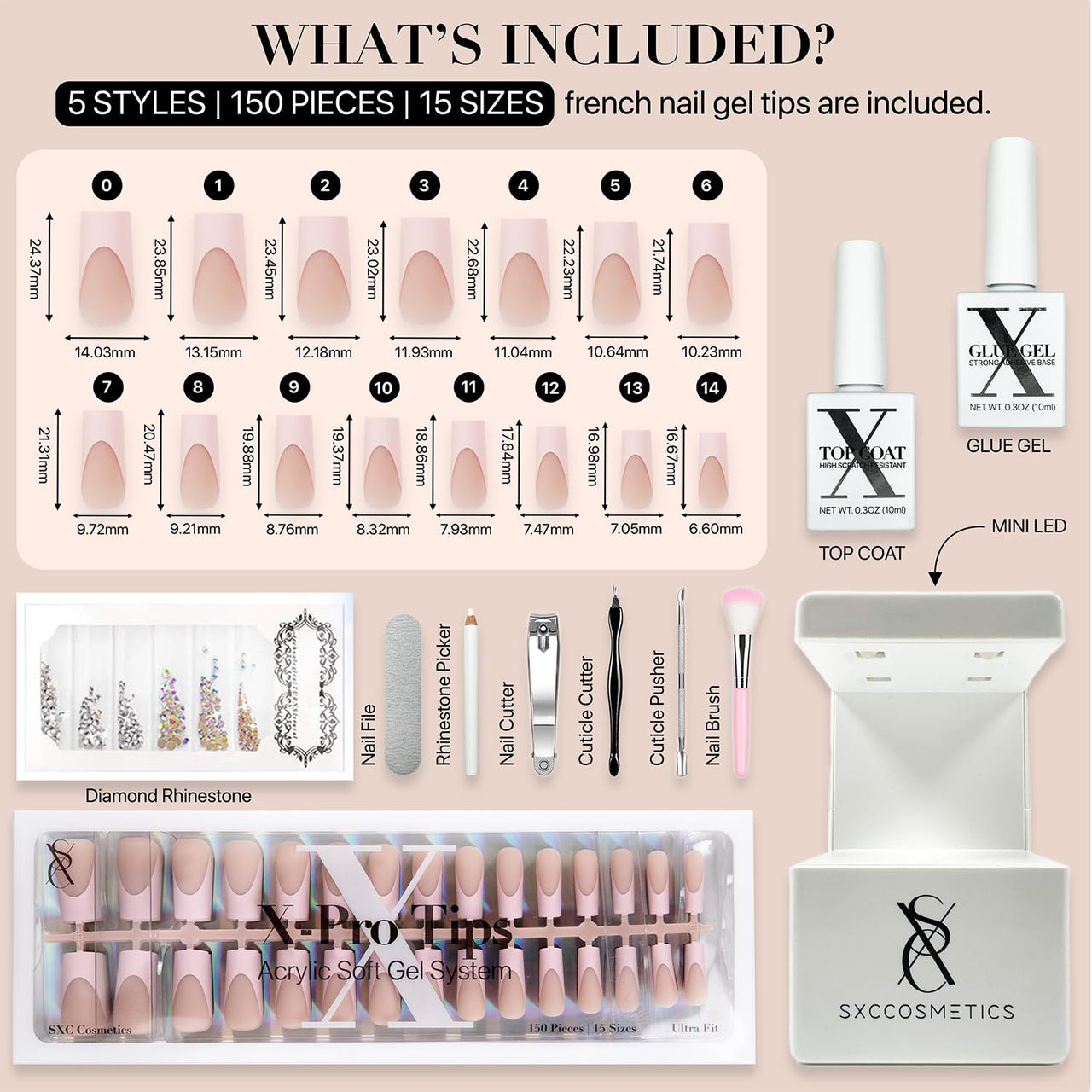 SXC Cosmetics French Tip Press On Nails - Skin Tone Nude and Color Series, Medium Square X-Pro Tips Starter Kit ST117KIT