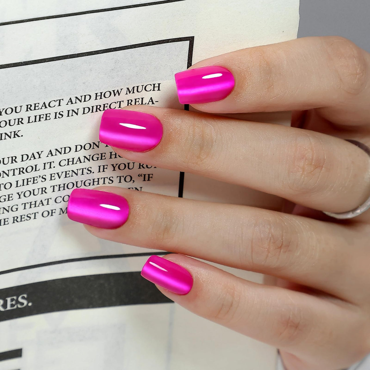 SHANGMENG Hot Pink Press on Nails Short - Cat Eye Press on Nails Square for Women Gift, Natural Fit & Glossy Stick on Nails in 16 Sizes - 32 Reusable Soft Gel Fake Nails with Glue, Hot Pink | Premium Nail Wraps