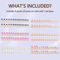 Thumbnail for 6 Packs Press On Nails Almond, Misssix French Tip Press On Nails Short, Reusable Glue On Nails, Gel Fake Nails for Women, Stick On Nails Kit 15 Sizes-6 styles in total