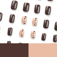 Thumbnail for Stbisen Dark Brown Press on Nails Short Square Fake Nails with Golden Leaf Accents Glitter Designs, Glossy Gel Finish Acrylic Short Fake Nails, Thick Natural Glue on Nails Kit for Women, 24Pcs