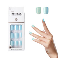 Thumbnail for KISS imPRESS No Glue Mani Press On Nails, Design, 'Rain Check', Blue, Short Size, Squoval Shape, Includes 30 Nails, Prep Pad, Instructions Sheet, 1 Manicure Stick, 1 Mini File