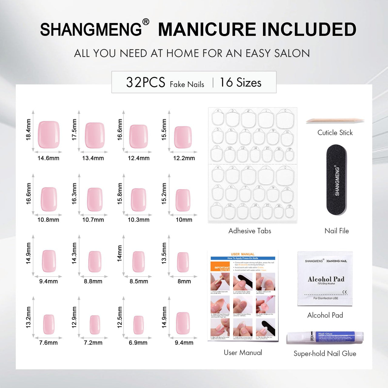 SHANGMENG White Press on Nails Short - Soft Gel Square Press on Nails for Women Gift, Fit Perfectly & Natural Stick on Nails with Glue in 16 Sizes - 32 Reusable Fake Nails, Classic White
