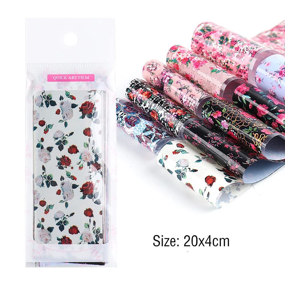 Retro Flower Nail Art Foil Transfer Nail Nail Wraps, Holographic Rose Flowers Starry Sky Design for Nails, 10pcs
