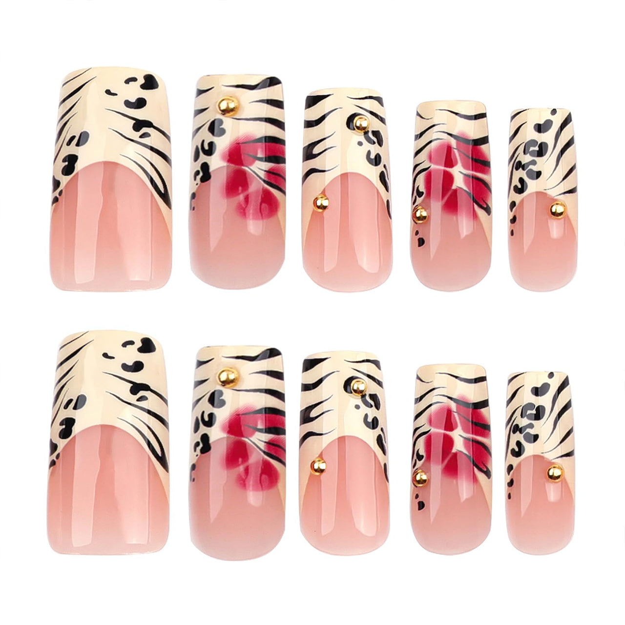 Jremg Leopard Print French Tip Press on Nails Long Square Fake Nails with 3D Gold Pearl Designs Glossy Red Flower Full Cover Glue On Nails Reusable Coffin Autumn Winter False Nails for Women 24Pcs | Premium Nail Wraps