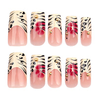 Thumbnail for Jremg Leopard Print French Tip Press on Nails Long Square Fake Nails with 3D Gold Pearl Designs Glossy Red Flower Full Cover Glue On Nails Reusable Coffin Autumn Winter False Nails for Women 24Pcs | Premium Nail Wraps