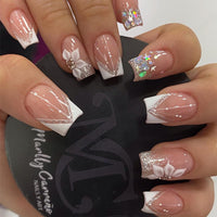 Thumbnail for DZPGUONIZ 24pcs Short Square Press on Nails French Tip Fake Nails White Flower with Star Design Glitter False Nails Luxury Nail Charms Crafts White Stripes Glue on Nails for Women Manicure Tips