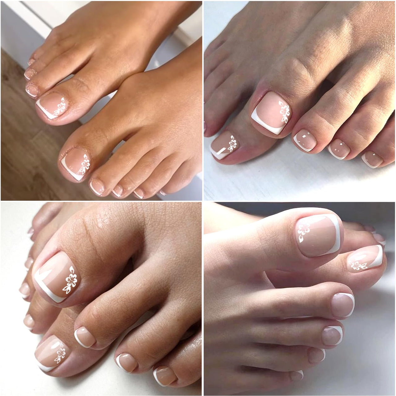 VOTACOS Nail Polish Strips for Toes, No UV Needed, Toe Nails Stickers White Flower French Toenail Gel Nail Strips Pedicure Full Nails Wraps for Women with 1 Wooden Stick, 1 Nail File & 2 Prep Pad