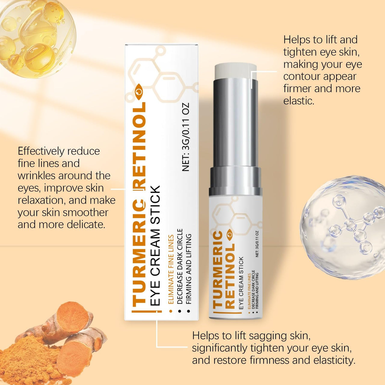 BAYUELSWU Turmeric Retinol Eye Stick, Eye Bags Stick, Anti Aging Eye Balm Stick, Moisturizes Hydrating Under Eye Brightener Stick, Reduces Puffiness