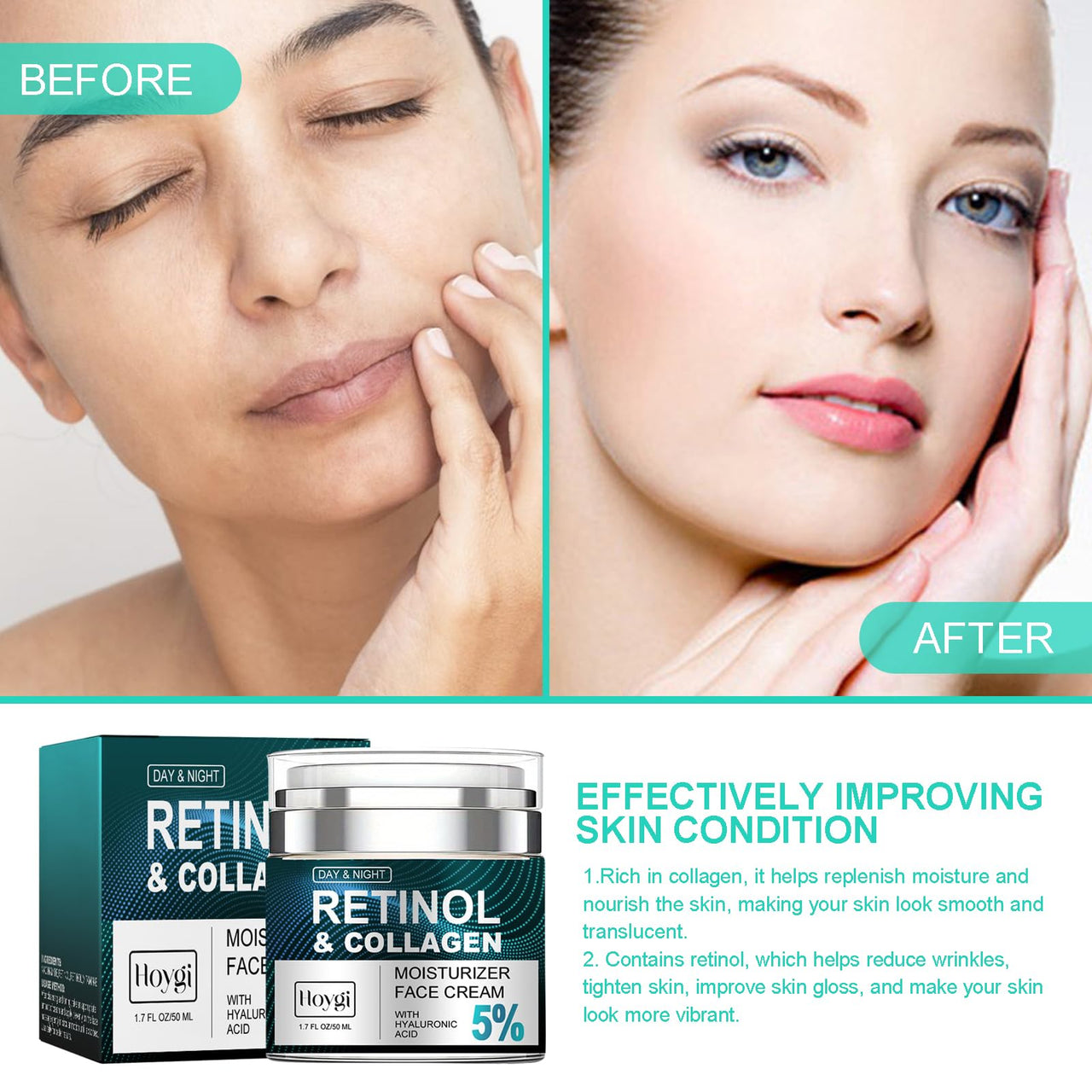 AMALIA Retinol & Collagen Face Cream, 5% Hyaluronic Acid Moisturizer, Day & Night Anti-Aging Formula, 1.7 FL OZ