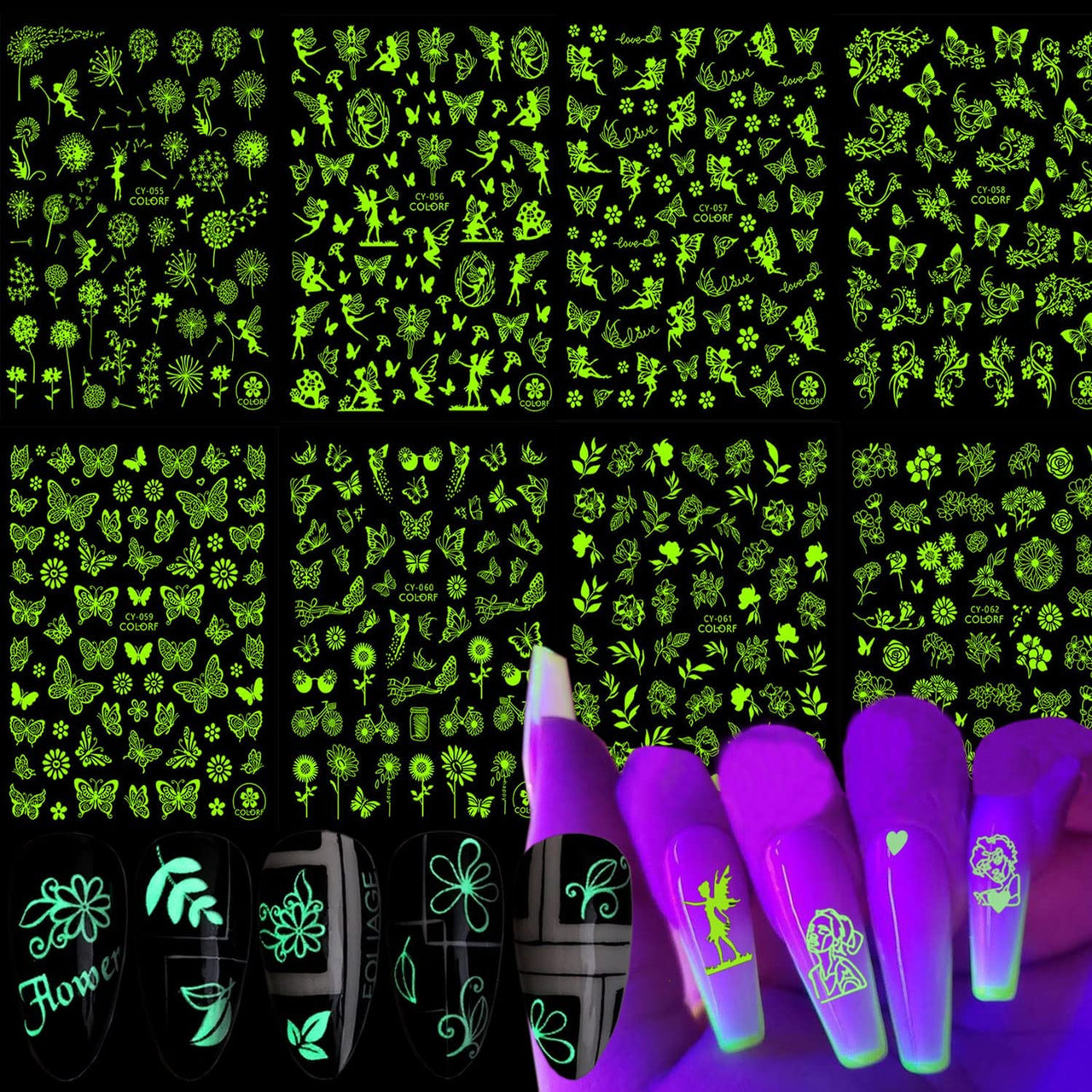 8 Sheets Luminous Nail Nail Nail Wraps and 8 Sheets Butterfly Nail Nail Nail Wraps