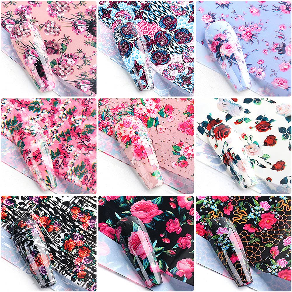 Retro Flower Nail Art Foil Transfer Nail Nail Wraps, Holographic Rose Flowers Starry Sky Design for Nails, 10pcs