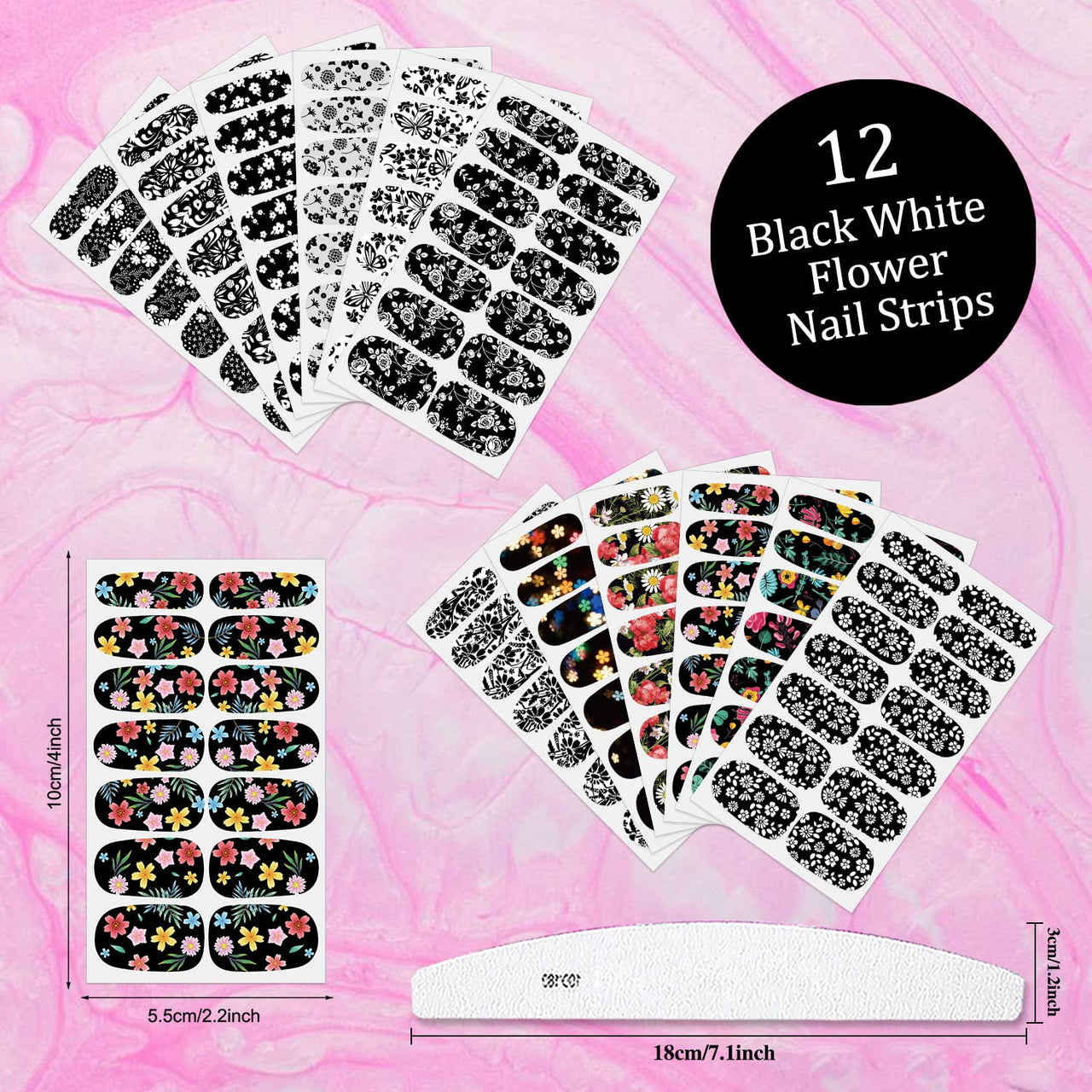 XEAOHESY 168 Pieces 12 Sheets Black White Flower Nail Nail Wraps for Short Nails with Nail File Flower Nail Polish Strips Self-Adhesive Gel Nail Strips Nail Nail Nail Wraps Full Nail Nail Wraps for Nail Art