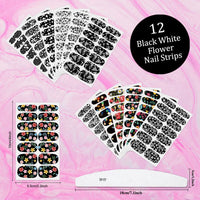 Thumbnail for XEAOHESY 168 Pieces 12 Sheets Black White Flower Nail Nail Wraps for Short Nails with Nail File Flower Nail Polish Strips Self-Adhesive Gel Nail Strips Nail Nail Nail Wraps Full Nail Nail Wraps for Nail Art
