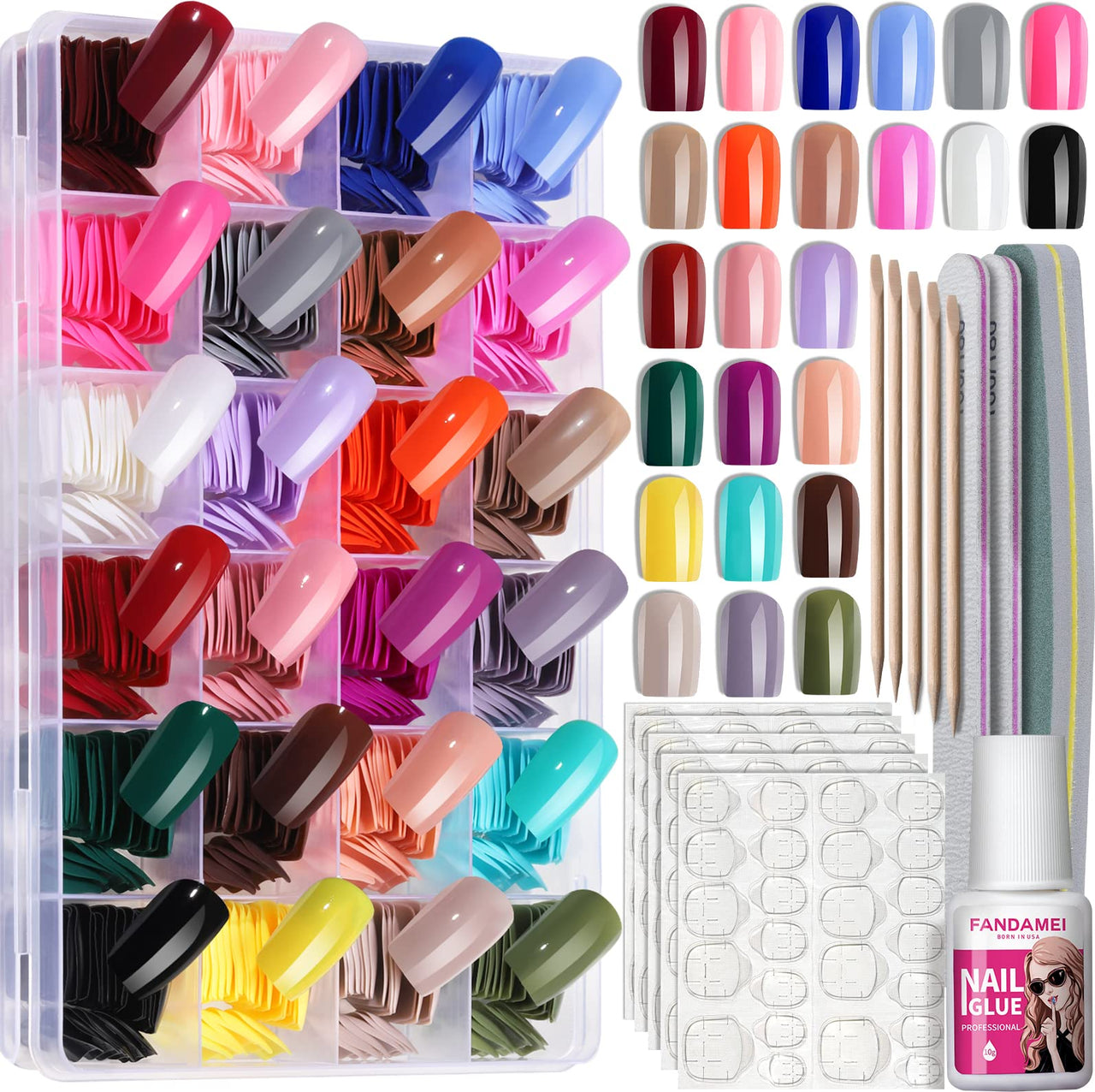 FANDAMEI 24 Colors Press on Nails Square, 24 Packs 576PCS Press on Nails Medium Glossy, Lightweight Natural Fake Nails Full Cover, False Nails with Glue, Short Square Acrylic Press on Nails