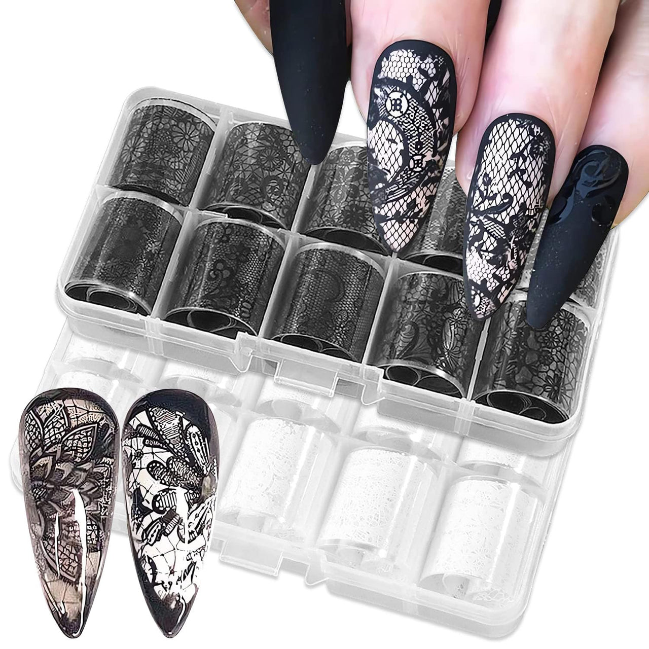 XEAOHESY 20 Rolls Black White Lace Nail Art Foil Transfer Sticker Kit Flower Foil Transfers Decals Lace Flowers Nail Foil Transfer Nail Nail Wraps Sheets Nail Art Sticker Foil Nail Nail Wraps for Foil Nail Art