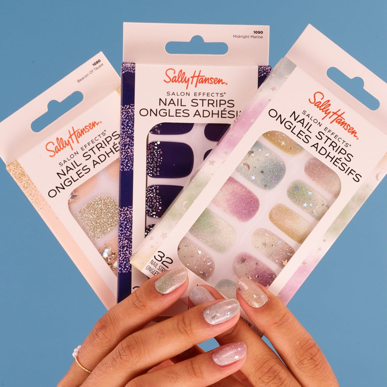 Sally Hansen Salon Effects Gel Nail Strips, Midnight Marine - Blue, Printed, No UV/LED Nail Lamps, Salon-Quality, Long Lasting, Easy to Apply & Remove - Includes 1 Prep Pad, Nail File & Wooden Stick – Premium Nail Wrap Set