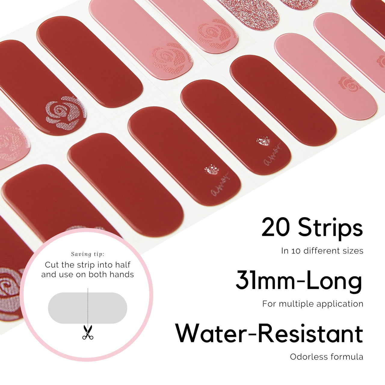 NAILOG Semi Cured Gel Nail Strips, 20 Pcs Red Long Lasting Nail Nail Wraps Extra Long Nail Nail Wraps with Glossy Gel Finishing for Spring Summer, Darling Roses