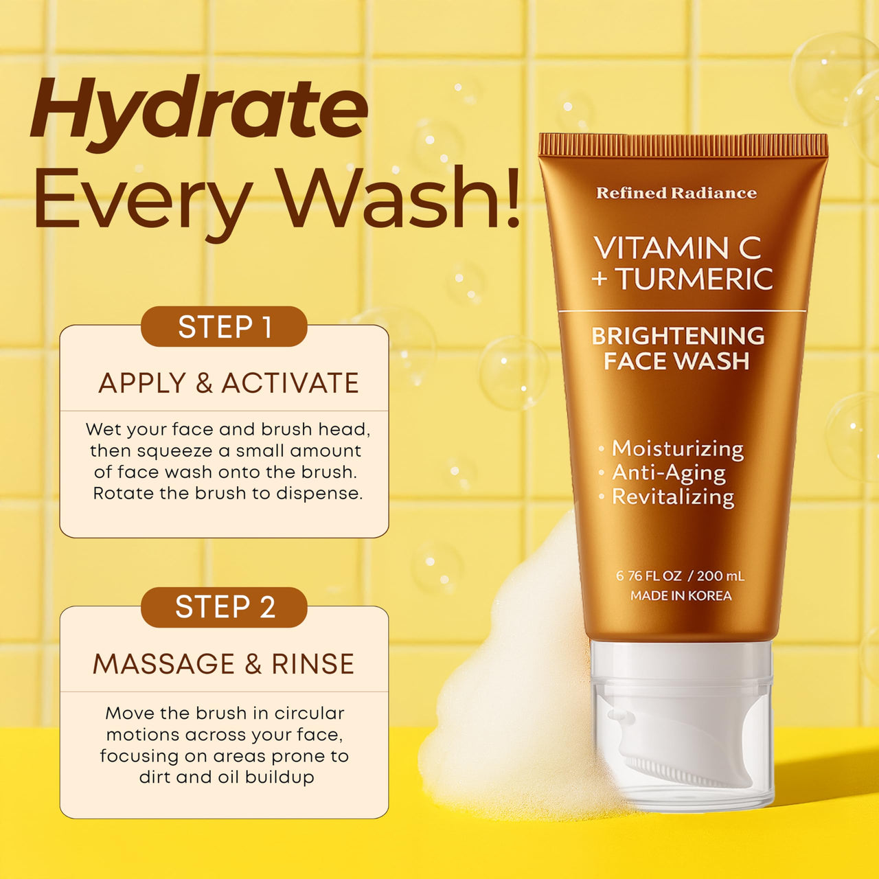 Tube of Vitamin C + Turmeric Brightening Face Wash with application instructions on a yellow background