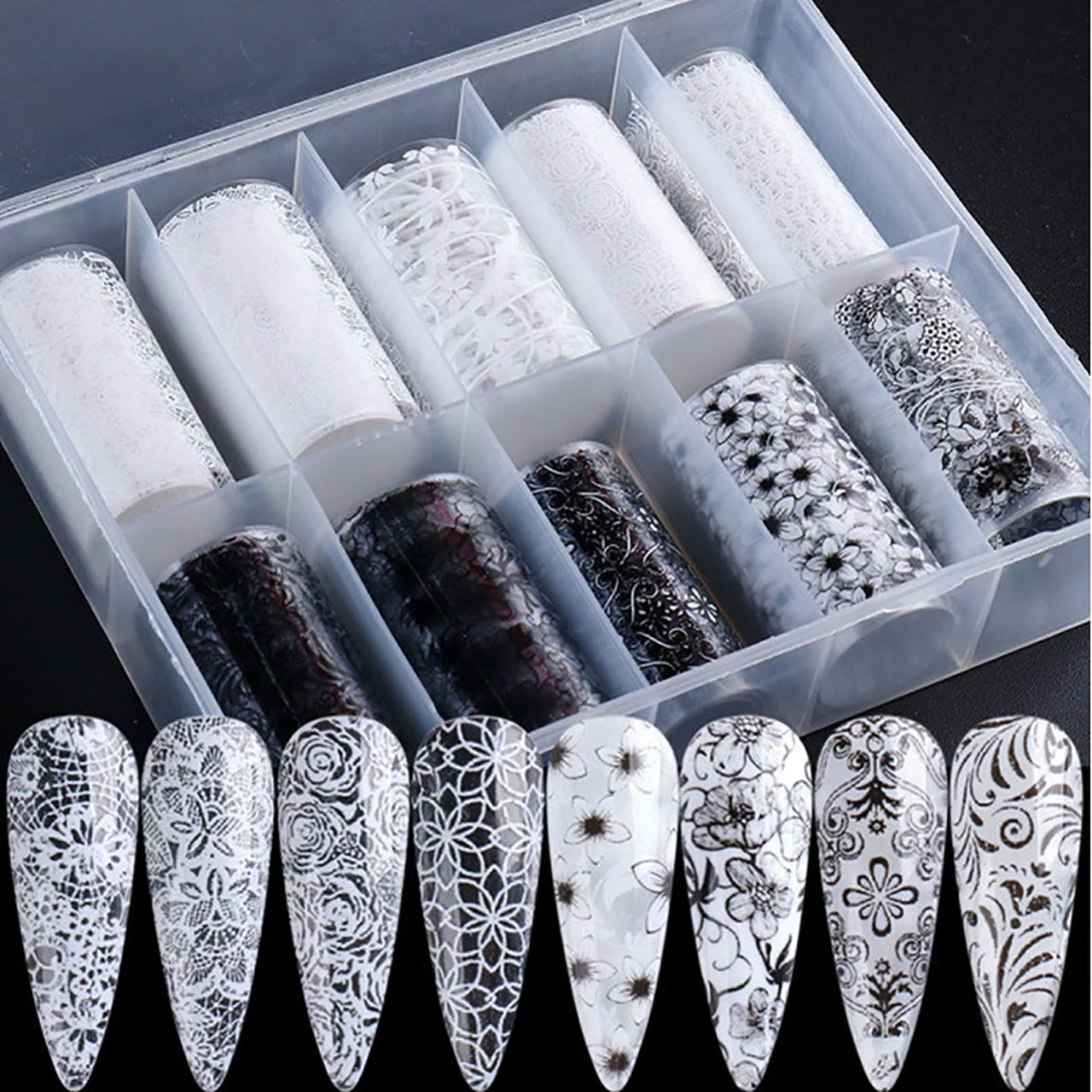 XEAOHESY 10 Rolls Lace Nail Art Foil Transfer Sticker Kit Black White Flower Foil Transfers Decals Nail Art Sticker Lace Flowers Nail Transfer Nail Nail Wraps Sheets Foil Nail Nail Wraps