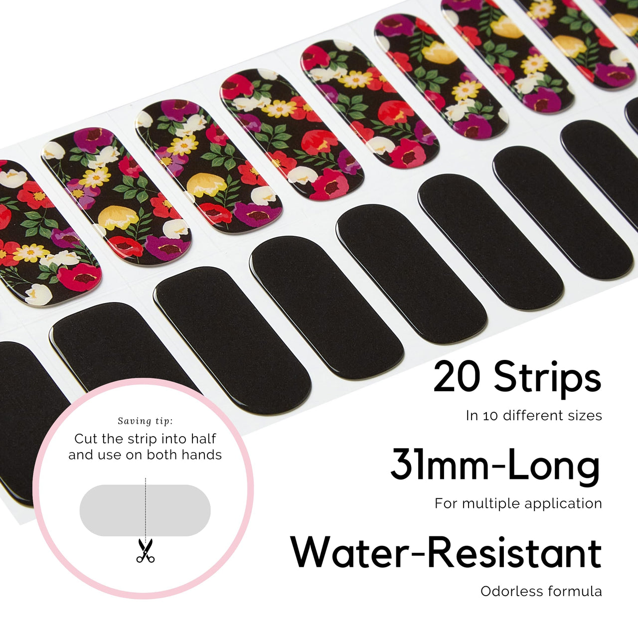 NAILOG Semi Cured Gel Strips - 20 Pcs Nail Stickers | Buy 2 Get 1 UV Light | Extra Long Wraps With Glossy Gel Finishing Black Flowers, Poppy