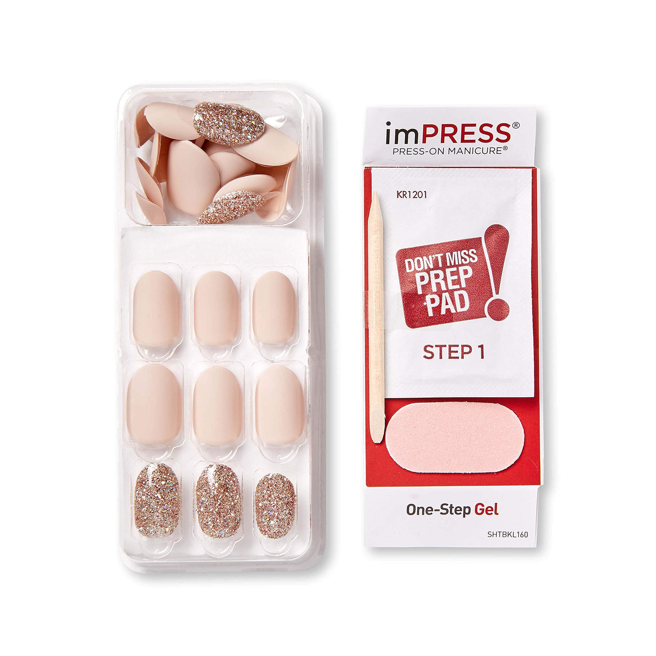 KISS imPRESS No Glue Mani Press On Nails, Design, 'Evanesce', Beige, Short Size, Oval Shape, Includes 30 Nails, Prep Pad, Instructions Sheet, 1 Manicure Stick, 1 Mini File