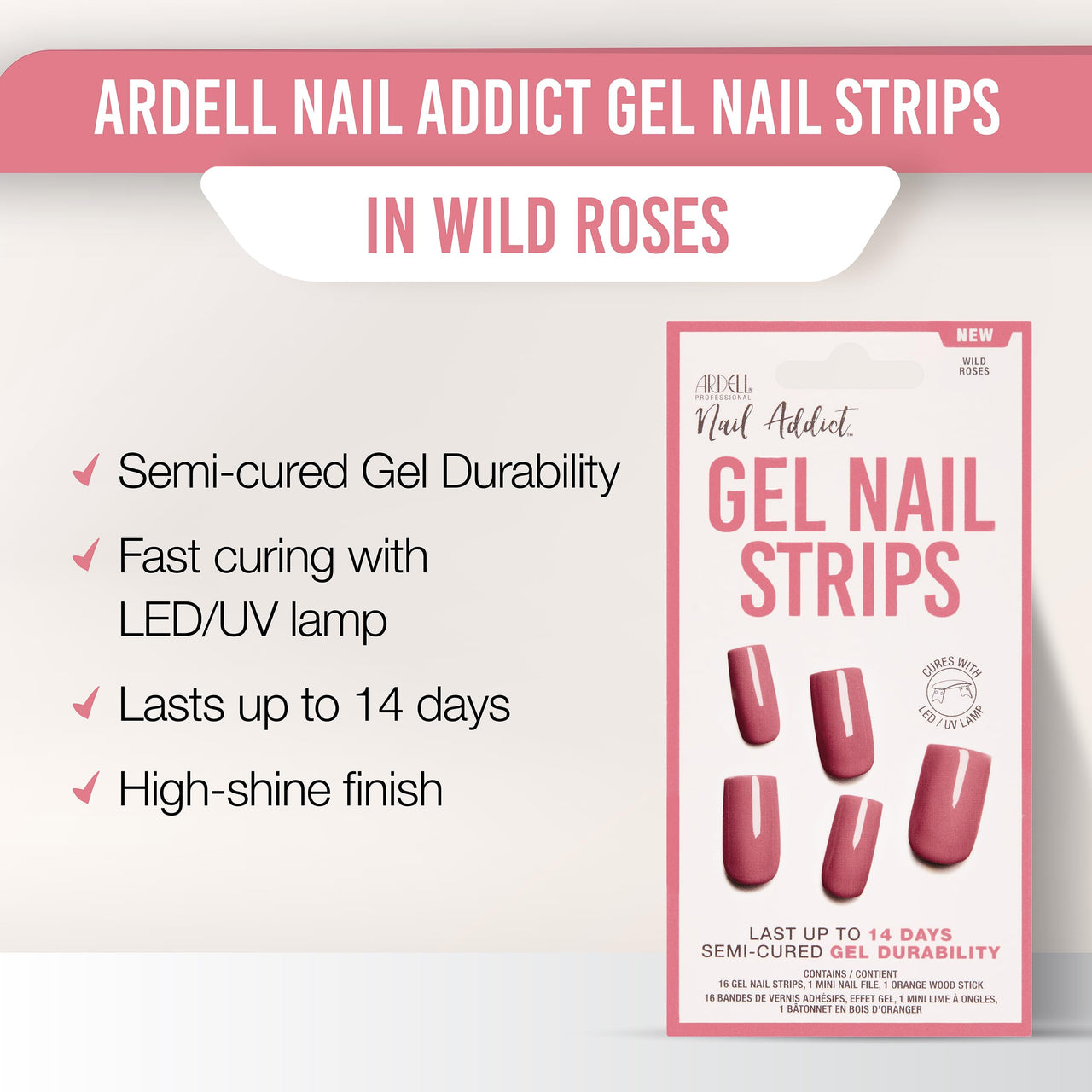 Ardell Nail Addict Gel Nail Strips - Wild Roses, Cures with LED/UV Lamp, Lasts Up To 14 Days, 1-pack – Premium Nail Wrap Set