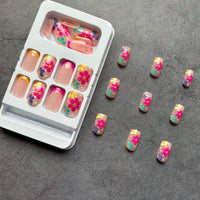 Thumbnail for French Tip Press on Nails Short Square Fake Nails Nude Pink False with Flower Designs Acrylic Artificial Nails Full Cover Glue on Nails Stick on Nails for Women Girls