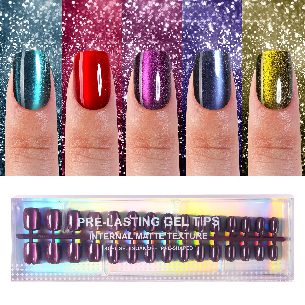 150Pcs Cat Eye Press on Nails Short Square, Plauva Soft Gel Fake Nails, Glossy Glitter Cat Eye Nail Tips for Women and Girls Stick On Nails in 15 Sizes
