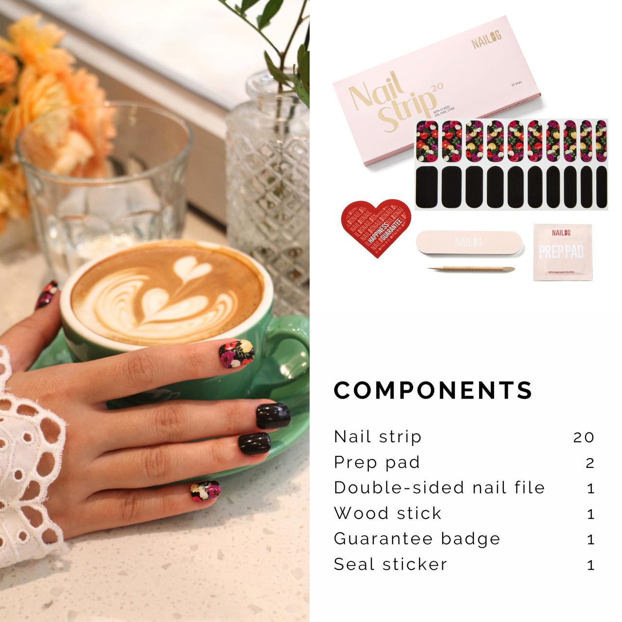 NAILOG Semi Cured Gel Strips - 20 Pcs Nail Stickers | Buy 2 Get 1 UV Light | Extra Long Wraps With Glossy Gel Finishing Black Flowers, Poppy