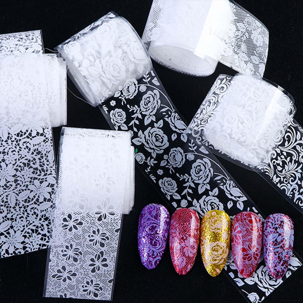 XEAOHESY 10 Rolls Black White Flower Nail Foil Transfer Sticker Kit Lace Nail Foil Sheets Foil Nail Art Decals Flower Nail Foil Transfer Nail Nail Wraps Foil Nail Nail Wraps for Women Nail Art